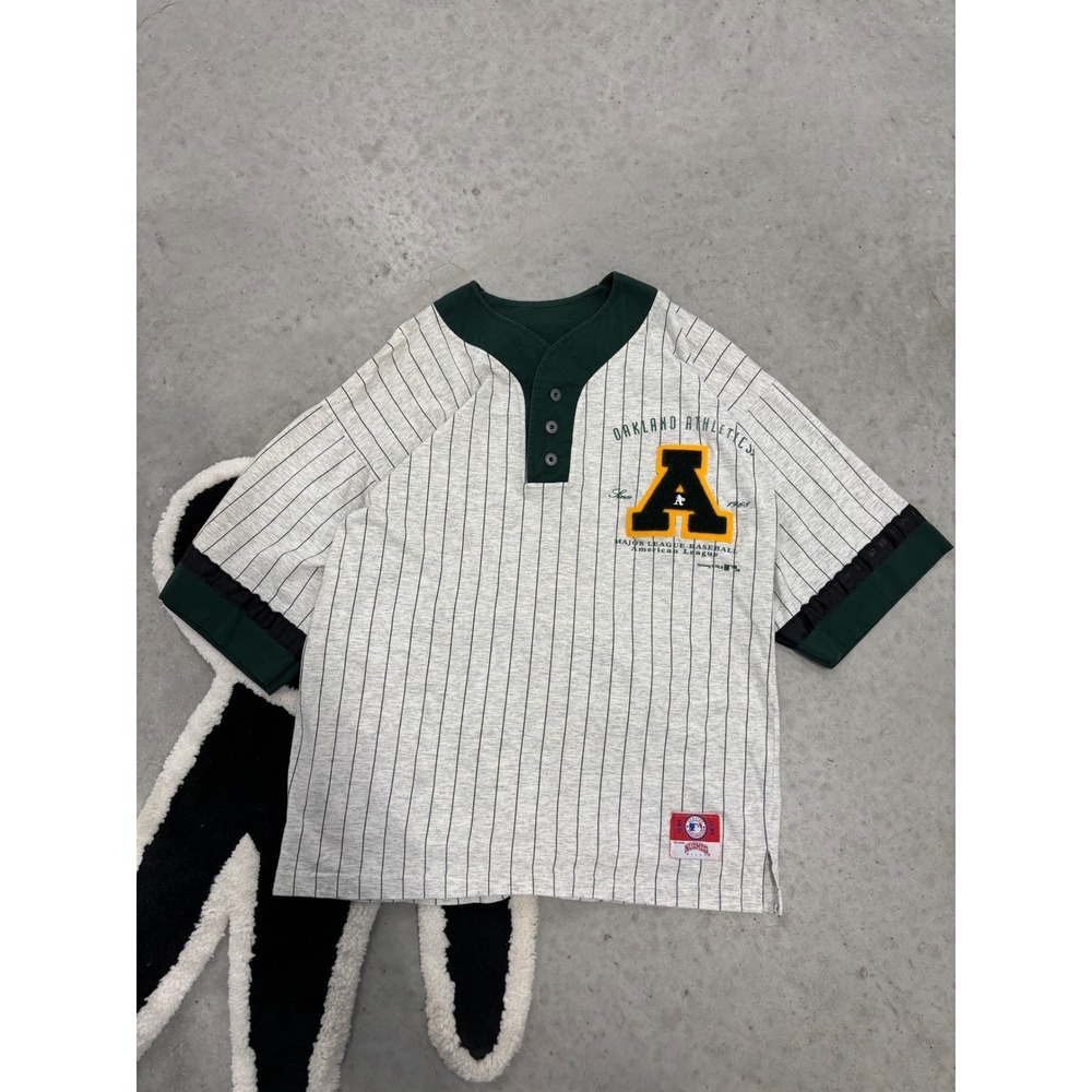 Vintage Oakland Athletics Nutmeg Mills CCM Henley Pinstripe Jersey Grey Mens M